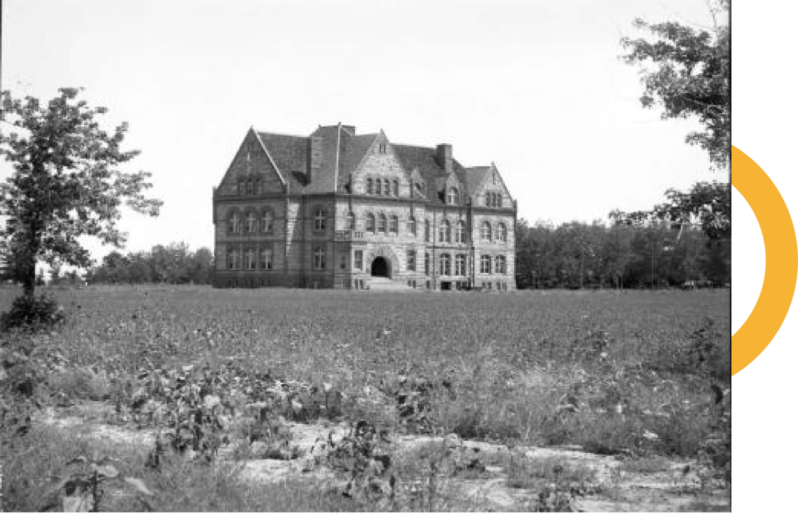 black and white far shot of Treat Hall