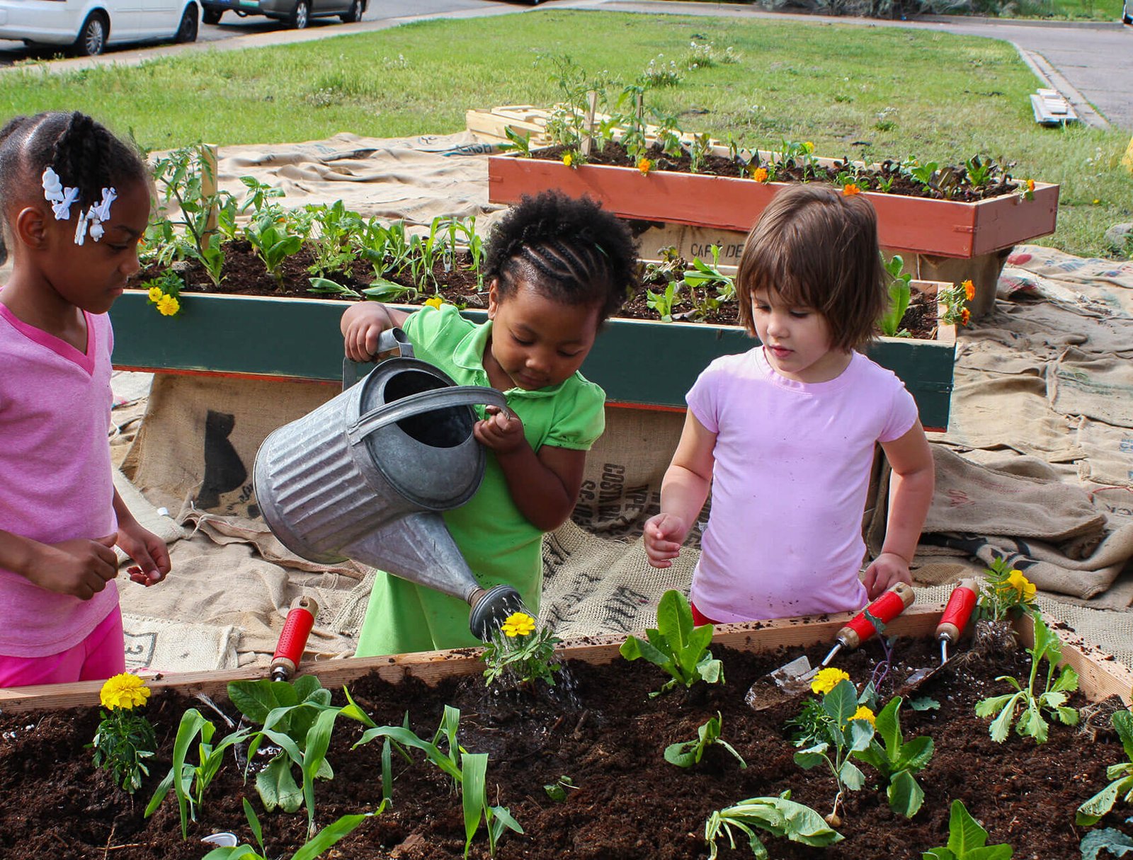 young girls pouring water on flowers