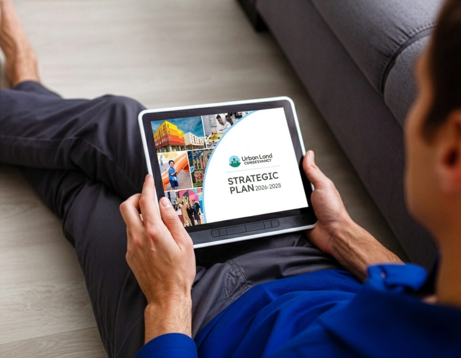 Man holding an ipad reading the new Strategic Plan